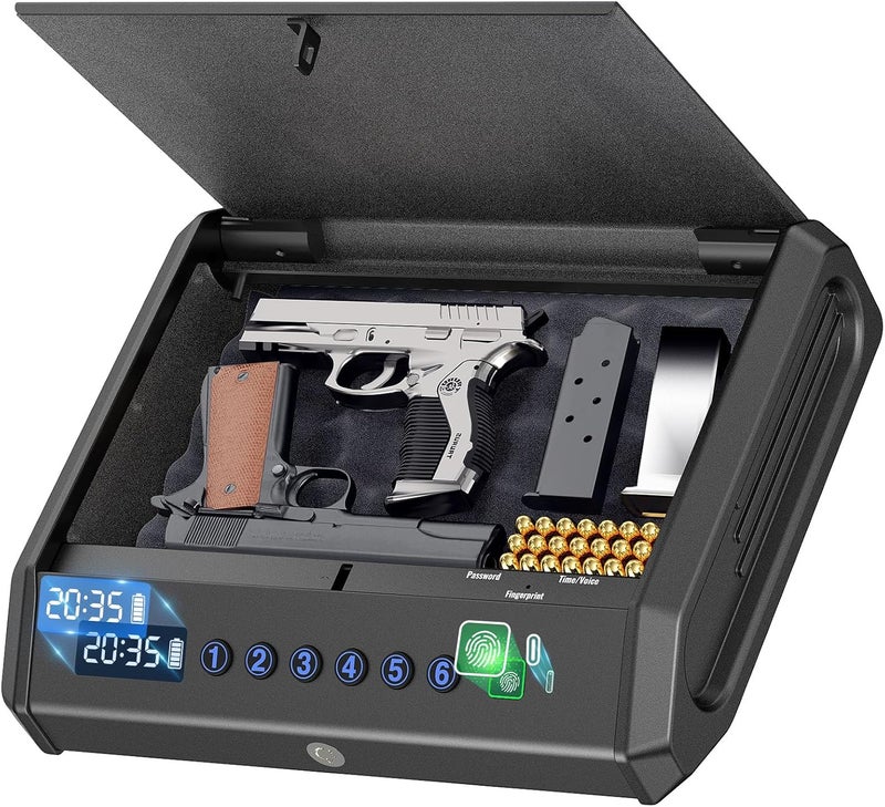 For Shine Biometric Gun Safe for Pistols Handgun Safe with Fingerprint Digital PIN Key Gun Lock Box Storage for Home Bedroom Bedside Nightstand and Car, 3-Ways unlock with Emergency Power Supply - Image 1